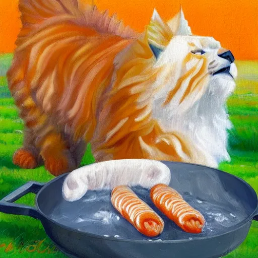 Image similar to beautiful impressionist painting of a orange maine coon with a white bears cooking some sausages on a pan