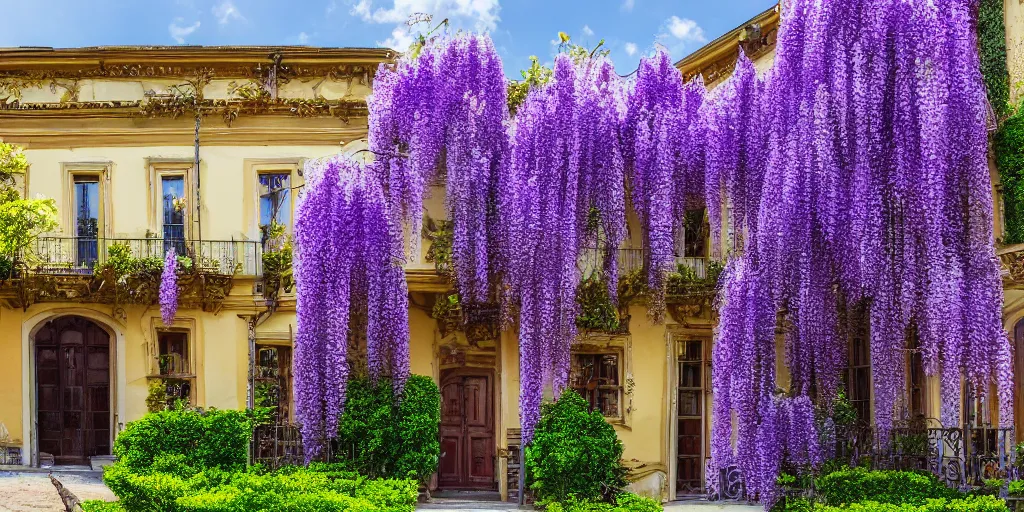 Prompt: photo of a rococo house with wisteria flowers, wallpaper, very very wide shot, national geographic, award arhitectural photography, professional arhitectural photography, sunny, day time, beautiful, warm light