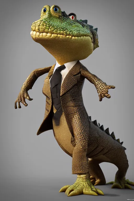 Image similar to a crocodile wearing a formal overcoat, Pixar style, 3D render, octane render, unreal engine 5, path tracing, cute, Disney style, 4K, natural lighting, high quality, highly detailed, low poly,