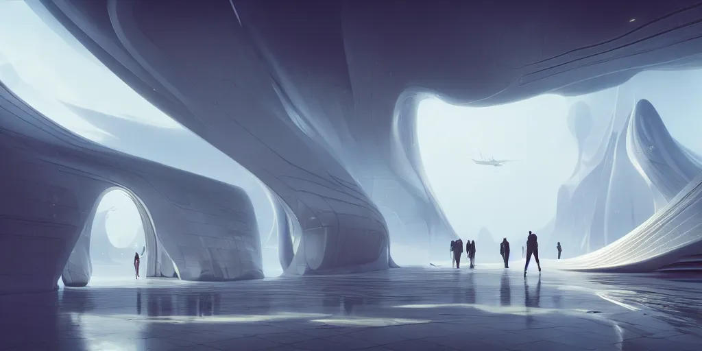 Image similar to heaven, by tim blandin and arthur haas and bruce pennington and john schoenherr, big windows architecture by zaha hadid, octane render, warm colour scheme, white, cinematic, scenery, cgsociety, modernism, futuristic, trending on artstation, sci - fi, high detail, high quality, close up angle, people walking