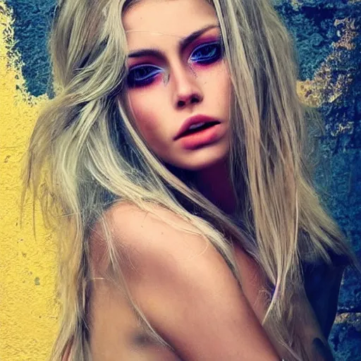 Image similar to astonishingly beautiful woman in tattered clothes revealing body, blonde hair, make up, vivid colors