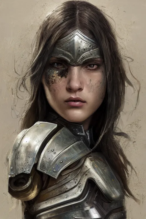 Image similar to a photorealistic painting of an attractive young girl, partially clothed in metal-plated battle armor, olive skin, long dark hair, beautiful bone structure, symmetrical face, perfect eyes, intricate, elegant, digital painting, concept art, illustration, sharp focus, minimal artifacts, from Metal Gear, in the style of Ruan Jia and Mandy Jurgens, by Greg Rutkowski, trending on Artstation, award winning