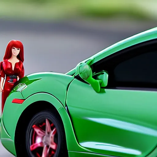 Image similar to a red haired woman driving a Jada toys mitsubishi eclipse green diecast car, high resolution macro photo, viewed through the cars window