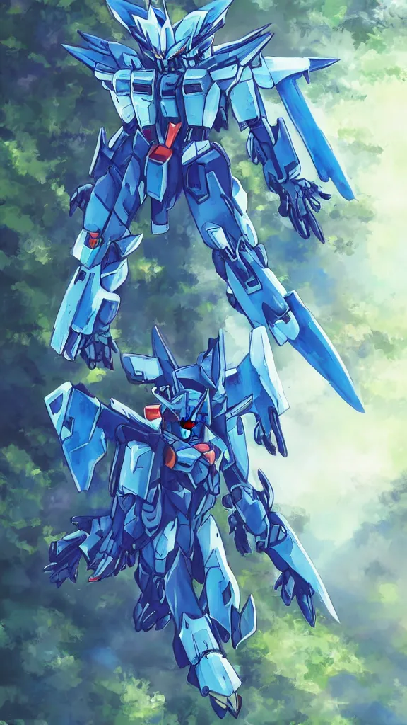 Image similar to An Azure gundam in a forest landscape, wolf armor, highly detailed, mobile suit, GUNDAM, mecha, sci-fi, illustration, trending on artstation, Pixiv, HD