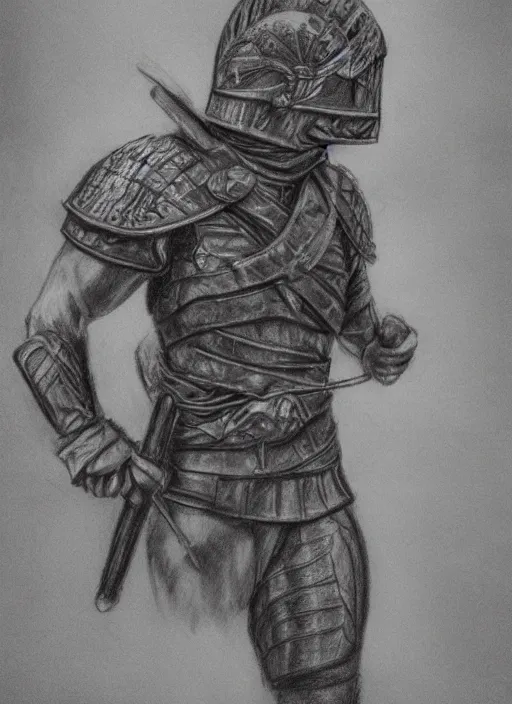 Prompt: a realistic pencil drawing of a praetorian guard in the forest of gaul, pronounced masculine features, low dutch angle, face in focus, natural lighting, realism, strong muscular features