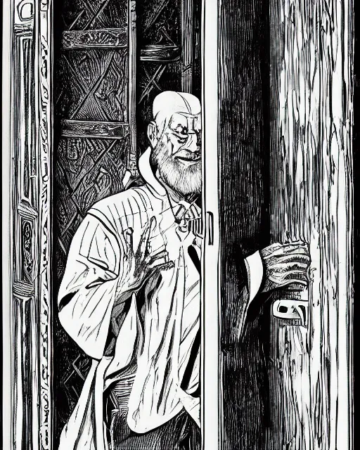 Image similar to a portrait of an old wizard holding a book standing in front of an ancient elaborate wooden door by arthur adams and moebius and chip zdarsky