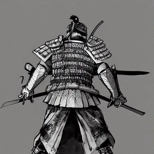 Prompt: a samurai holding an epic blade over his head by kim jung gi, back shot