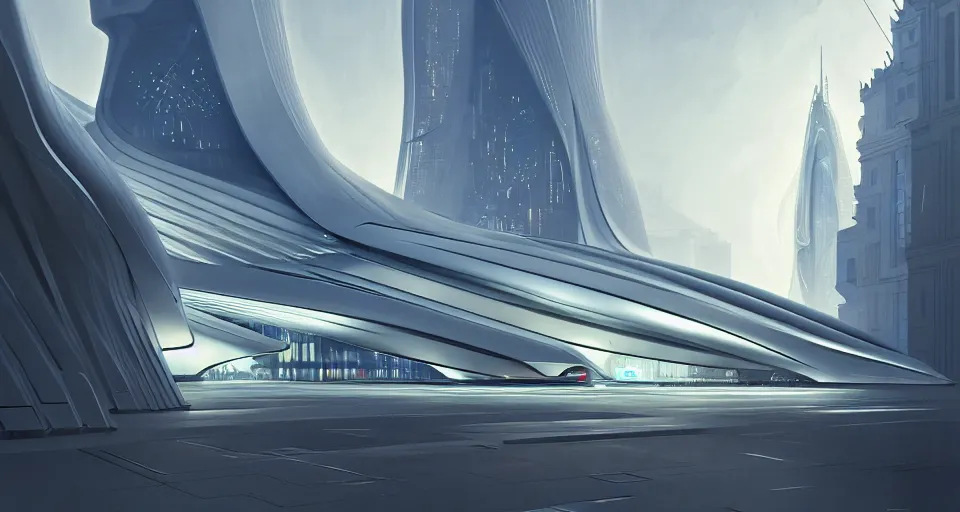 Image similar to cinematic shot, futuristic building, crowded, utopian, zaha hadid, shiny, white, lights, digital painting, artstation, concept art, smooth, sharp focus, illustration, intricate, elegant, highly detailed, in the style of greg rutkowski and alphonse mucha and artemisia, 8 k, highly detailed, jurgens, rutkowski