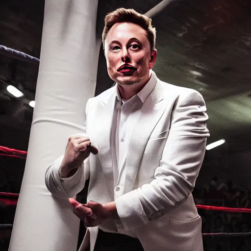 Image similar to cinematic photograph of elon musk dressed in an avacado suit with an avacado hat, realistic, in a boxing ring, 4 k, cinemqtic lighting, high quality photography, mid shot