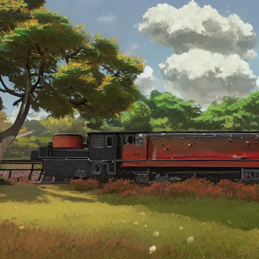 Image similar to concept art painting of a historic transverse view of a steam train, the train carries a cherry tree in flower, realistic, detailed, cel shaded, in the style of makoto shinkai and greg rutkowski and james gurney