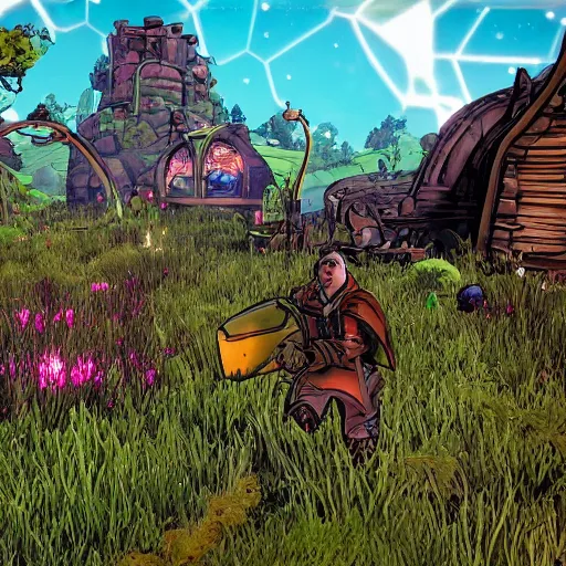 Prompt: the shire in the style of borderlands 3,