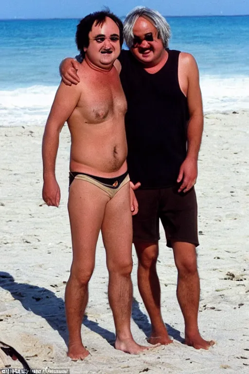 Prompt: Braco the gazer is on the beach with a different man who looks like john belushi, laughing
