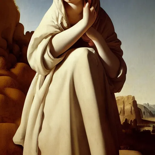 Prompt: a portrait of a beautiful young girl with white long dress crying in a desert by vermeer and line design by michael angelo , baroque, neo Gothic,matte painting, baroque detailes,photo real,concept art,highly detailed,sharp lines, hdri, 4k