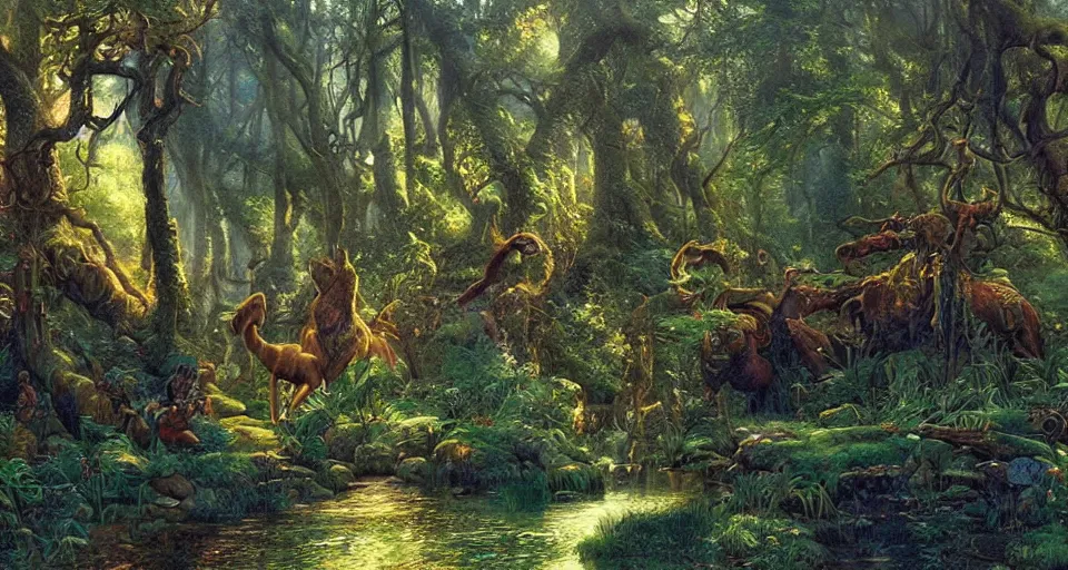 Image similar to Enchanted and magic forest, by James Gurney