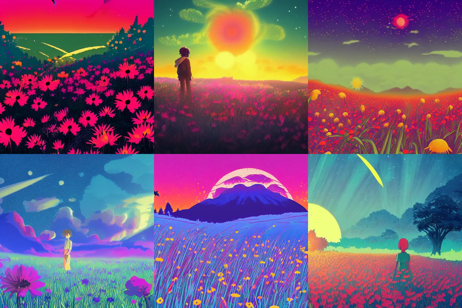 Prompt: astral flower sunrise meadow, retro art illustration in the style of makoto shinkai and leiji matsumoto