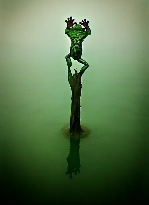 Image similar to “ghostlike frog amphibian vertically hovering over misty lake waters in jesus christ pose, low angle, long cinematic shot by Andrei Tarkovsky, paranormal, eerie, mystical”