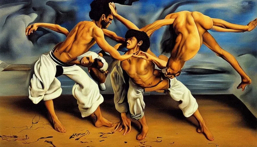 Image similar to capoeira, hyper realistic painting by salvador dali