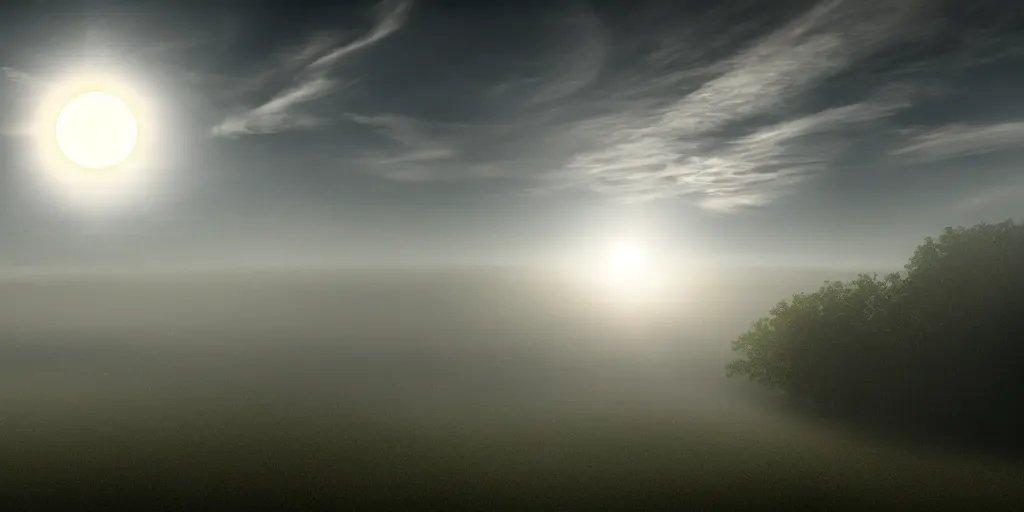 Prompt: solar eclipse, a triangular moon, sun rays, fog, photorealistic, calm environment