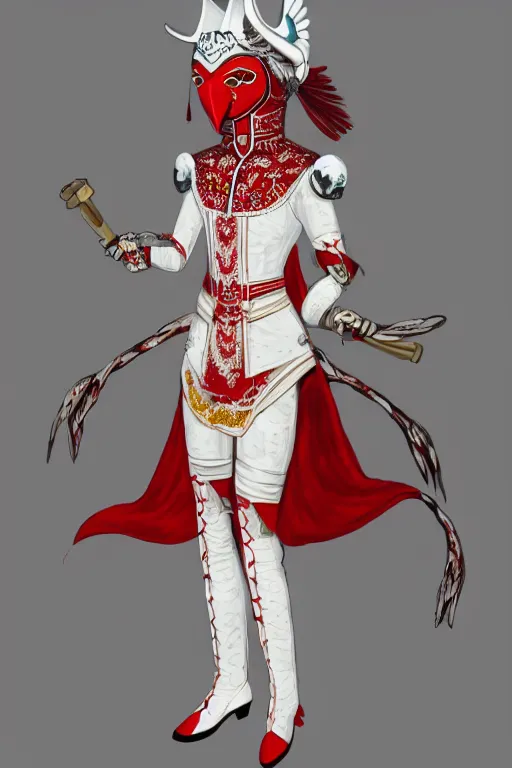 Image similar to female adventurer in tight full - body white embroidered leather armor of ukrainian vyshyvanka design with red accents and a red porcelain crow mask, trending in artstation, ukrainian, artstation, big moon in the background, establishing shot