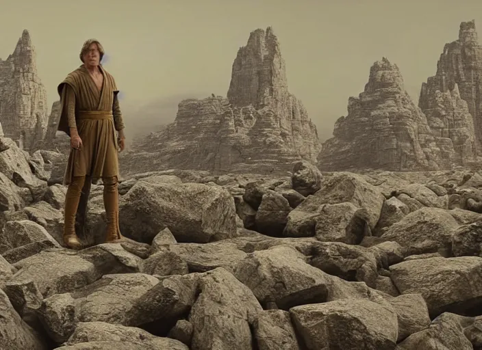 Image similar to epic screenshot from the film of Luke Skywalker, played by Mark Hammill, wearing a gold robe, he is surrounded by hundreds of rocks levitating in the air, outside marble temple, iconic scene from the last jedi, 1980s film directed by Stanley Kubrick, cinematic lighting, kodak, strange, hyper real, stunning moody cinematography, with anamorphic lenses, crisp, detailed portrait, 4k image