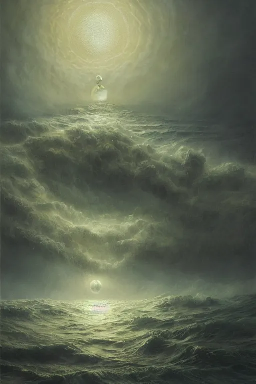 Image similar to Intricate stunning highly detailed water deity emerging from a stormy ocean by agostino arrivabene, Greg Rutkowski , surreal, digital painting, ultra realistic, Horror vacui, beautiful lighting, full moon, thick swirling tornado, artstation