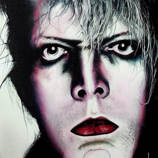 Prompt: stunning portrait of gaunt david bowie a ( the cure fan ) as dream from sandman, dim stars as eyes, by jeremy mann, by cedric peyravernay, by by russ mills, by richard avedon and ben templesmith, dramatic lightning, sadness, dark eye sockets, in the shadows, punk rock, gothic, high detailed, 8 k