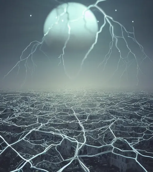 Prompt: surreal neuron city, elysian unfinished super tilted tower made of crystalized synapse, aerial iridecent veins, moonbow, inverted white massive veins of sand in the floor, in the desert, foggy sky, dark starry night, octane render, unreal engine, pale colors, high detail, 8 k, wide angle, trending on artstation, behance