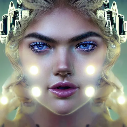 Prompt: beautiful Fine art photo portrait of enraptured Kate Upton as a solarpunk robotic goddess, white mechanical parts with led lights, photorealistic, white background, highly detailed and intricate, sunset lighting, HDR 8k