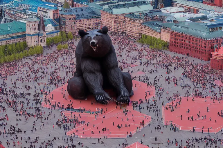 Image similar to a gigantic statue of bear in the middle of the red square, excited russians, symmetry, awesome exposition, very detailed, highly accurate, 8 k