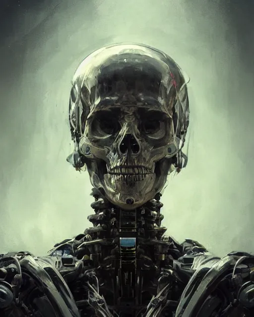 Prompt: skeleton with cybernetic enhancements as seen from a distance, scifi character portrait by greg rutkowski, esuthio, craig mullins, 1 / 4 headshot, cinematic lighting, dystopian scifi gear, gloomy, profile picture, mechanical, half robot, implants, solarpunk