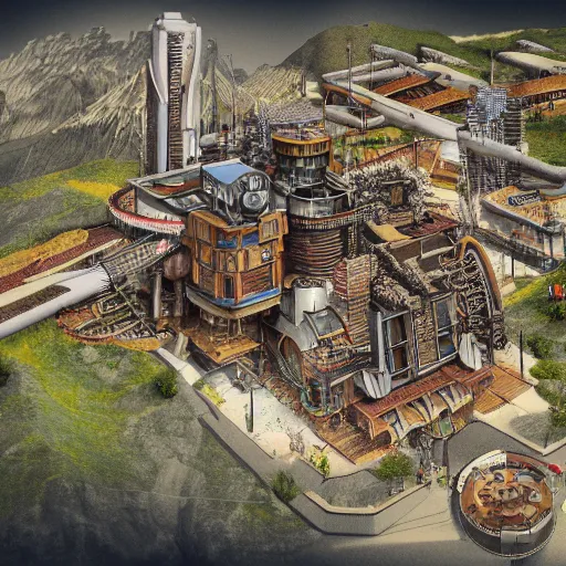 Image similar to swiss chalet inspired steampunk mountain city, axonometric exploded view, high detail, 8k, photorealistic