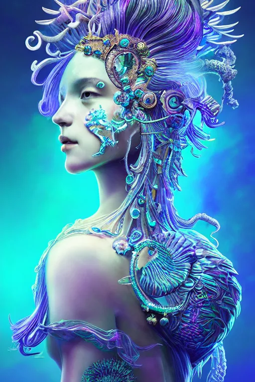 Image similar to goddess macro 3 / 4 profile portrait with crown made of ram skull. betta fish, jellyfish phoenix, bioluminiscent, plasma, ice, water, wind, creature, super intricate ornaments artwork by tooth wu and wlop and beeple and greg rutkowski