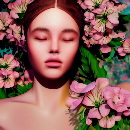 Image similar to portrait of the most beautiful woman surrounded by soft florals, vaporwave lighting, dewy skin, concept art, high detail, beautiful, dreamy, blender