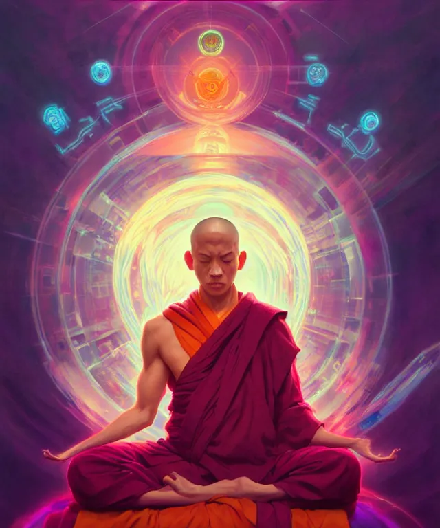 Image similar to a floating monk, meditating, wearing netrunner clothing, vaporwave aesthetic, colorful, psychedelic, digital painting, artstation, concept art, smooth, sharp focus, illustration, art by artgerm and greg rutkowski and alphonse mucha