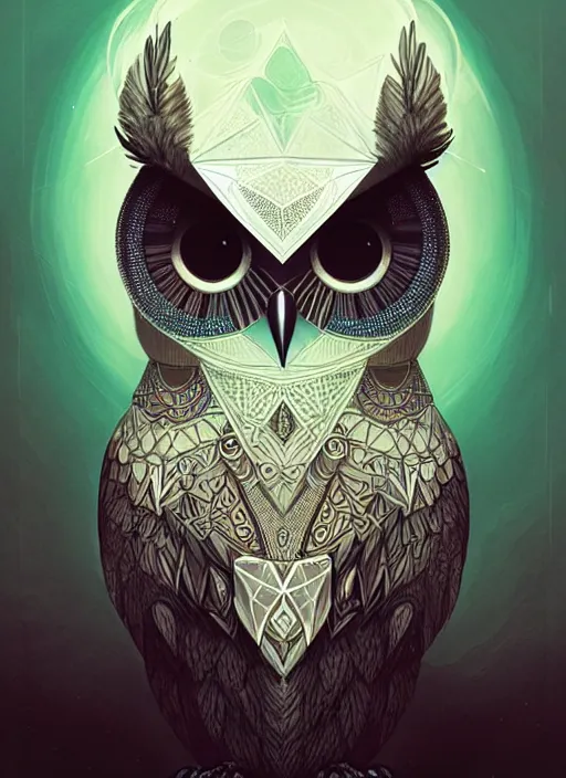 Image similar to portrait of a geometric owl, identical eyes, medium shot, illustration, full body made of white feathers, symmetrical, art stand, super detailed, cinematic lighting, and its detailed and intricate, gorgeous, by peter mohrbacher