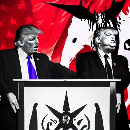 Image similar to Satanic States of America, goth Donald Trump, Donald Trump as an occultist, 2017 photograph, news conference, blood ceremony