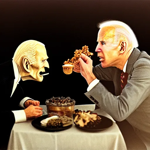 Image similar to portrait of nosferatu feeding whispering into joe biden's ear, correct faces, uhd hyperdetailed photo by annie leibowitz 5 0 mm lens