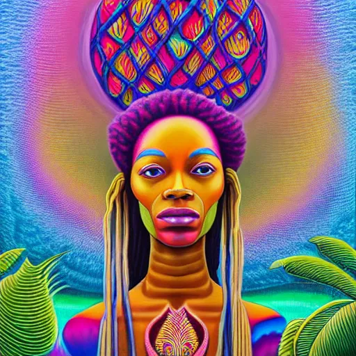 Prompt: a regal and heroic african queen with colorful dreadlocks sitting in a cabana near a pink river with a large glowing baobab tree in the center, by amanda sage and alex grey and evgeni gordiets in a surreal psychedelic style, symmetrical, detailed eyes, oil on canvas 8k, hd