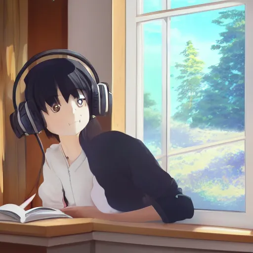 Image similar to Anime painting of a black haired girl wearing headphones while studying in her warm cozy home, behind her a cold window, by makoto shinkai, relaxed, calm, trending on artstation, kimi no na wa