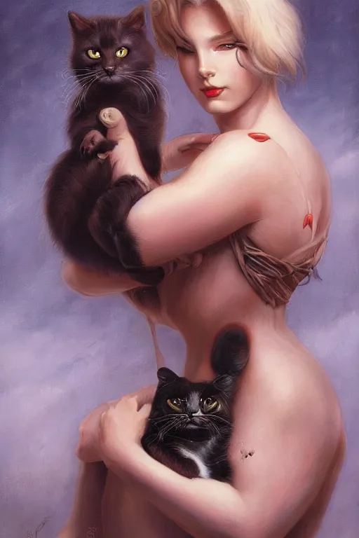 Prompt: A beautiful girl and her cat by Gerald Brom, Mark Arian, Artgerm