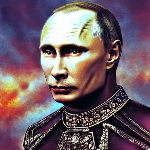 Image similar to vlad putin photo - realistic, color image, hyper realistic, 2 k, highly detailed, occult art, by giger, fractal structure