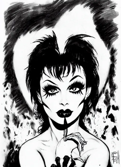 Prompt: of a goth girl burlesque psychobilly punk, detailed face, black hair, white background, drawing, illustration by frank frazetta - n 9