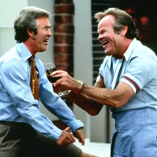 Prompt: kevin tighe laughing, as he kicks randy mantooth, who has a bottle of wine in his hand