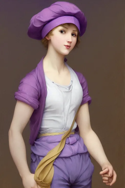 Image similar to Full View girl with short blond hair wearing an oversized purple Beret, Baggy Purple overall shorts, Short Puffy pants made of silk, silk shoes, a big billowy scarf, Golden Ribbon, and white leggings Covered in stars. Short Hair. masterpiece 4k digital illustration by Ruan Jia and Mandy Jurgens and Artgerm and william-adolphe bouguereau, award winning, Artstation, art nouveau aesthetic, Alphonse Mucha background, intricate details, realistic, panoramic view, Hyperdetailed, 8k resolution, intricate art nouveau