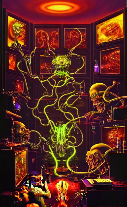 Prompt: a hyperrealistic painting of an ornate supreme dark overlord synthesizing creatures at his laboratory workstation, glowing clear liquid filled glass chambers, cinematic horror by the art of skinner, chris cunningham, lisa frank, richard corben, highly detailed, vivid color,