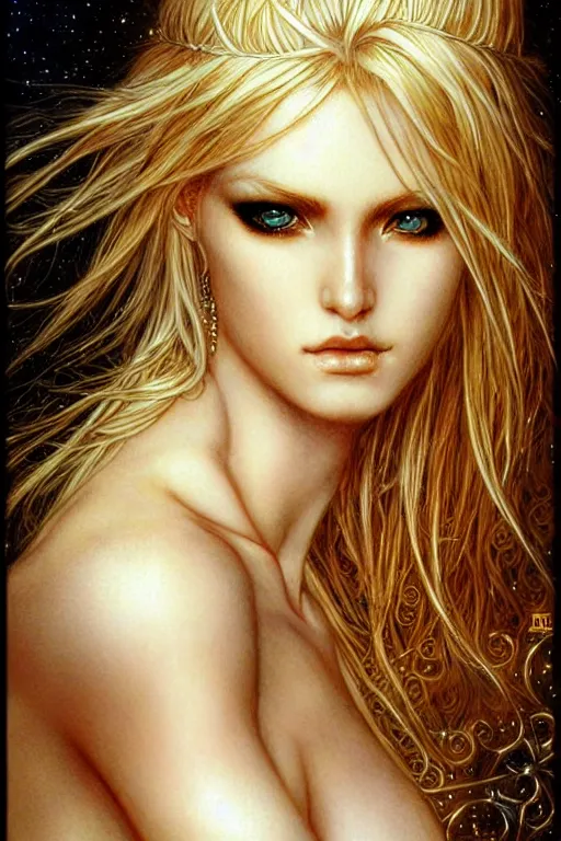 Image similar to a beautiful blond goddess girl, fantasy, portrait, sharp focus, intricate, elegant, illustration, ambient lighting, art by Luis Royo