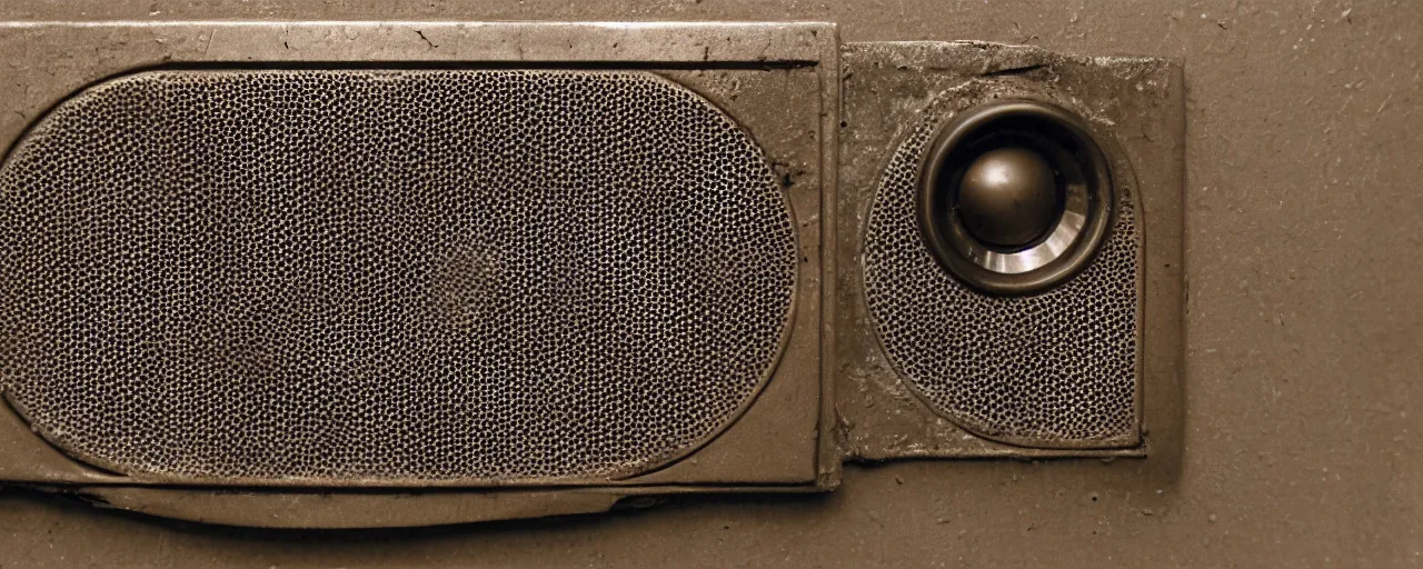 Prompt: 3 5 mm wide shot wide angle photograph of a slightly rusty intercom speaker on the wall of a science lab in 1 9 8 2