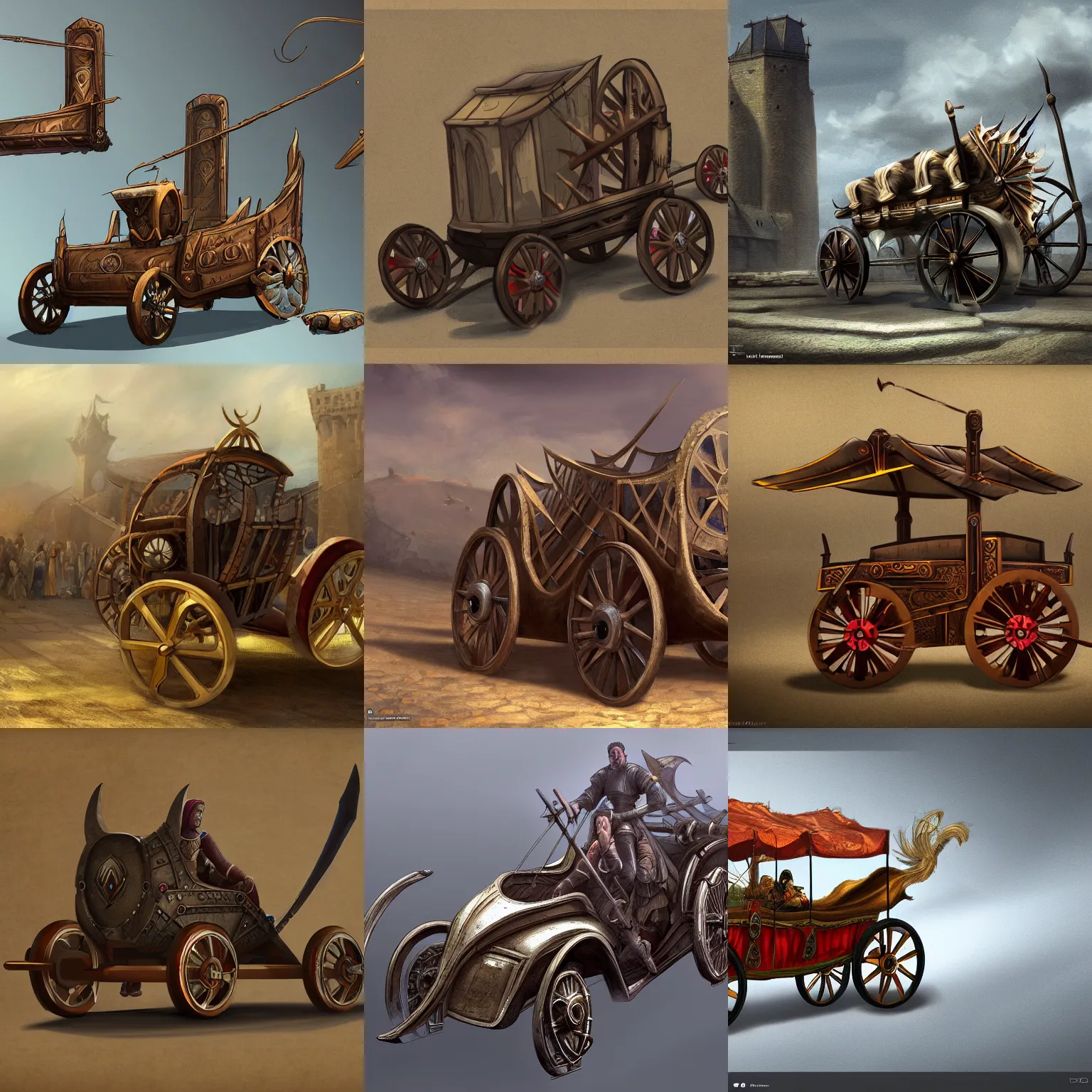 Prompt: digital artwork of a medieval chariot built by renault, trending on artstation