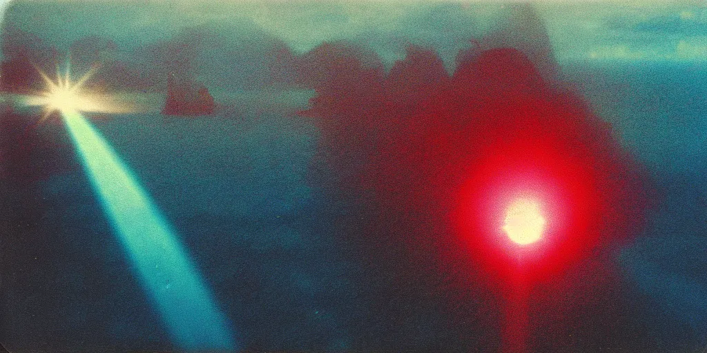 Prompt: analog polaroid photograph of godzilla in the ocean, closeup, seen from above, drone footage, bright sun reflection in the water, lensflare, film grain, azure tones, red color bleed