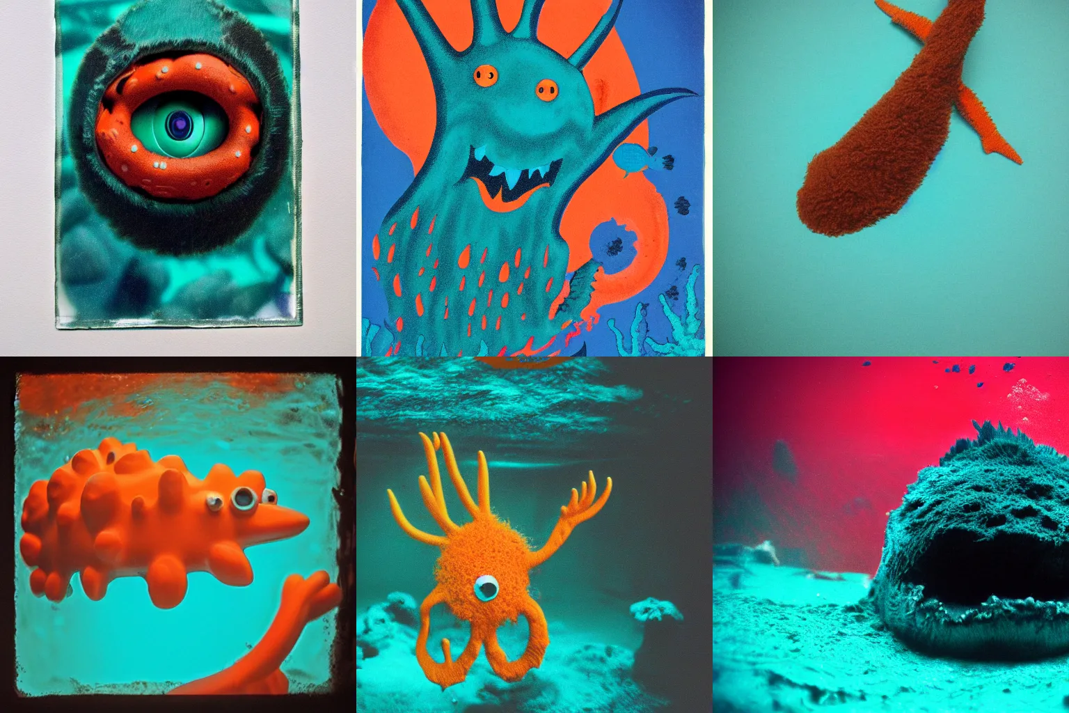 Prompt: underwater sea monster, dark, fuzzy, 35mm camera, teal and orange, horror